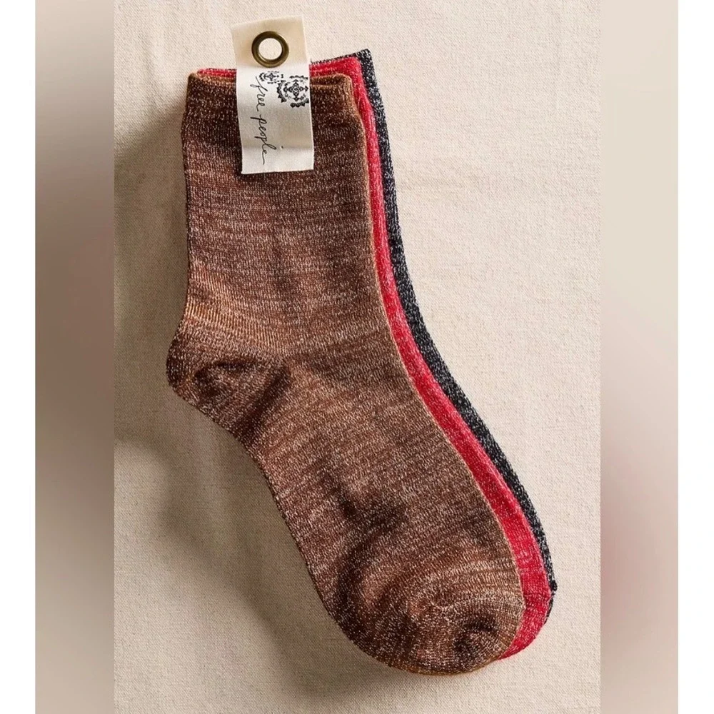Free People Lurex sock bundle 3 pair black red brown disco nwt stretchy ankle